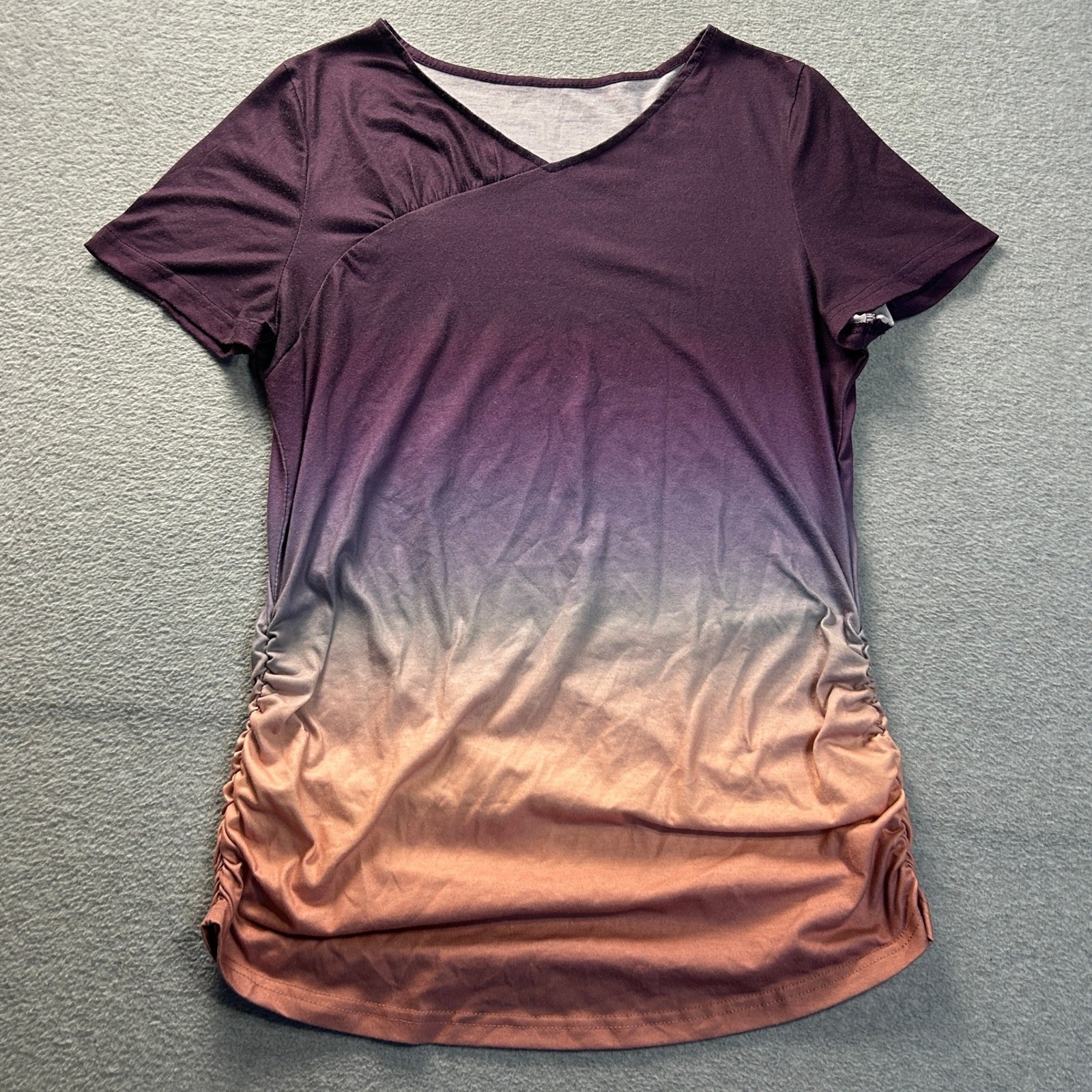 Ruched Side V Neck Womens Large Purple Peach Ombre Short Sleeve Tunic Top Shein